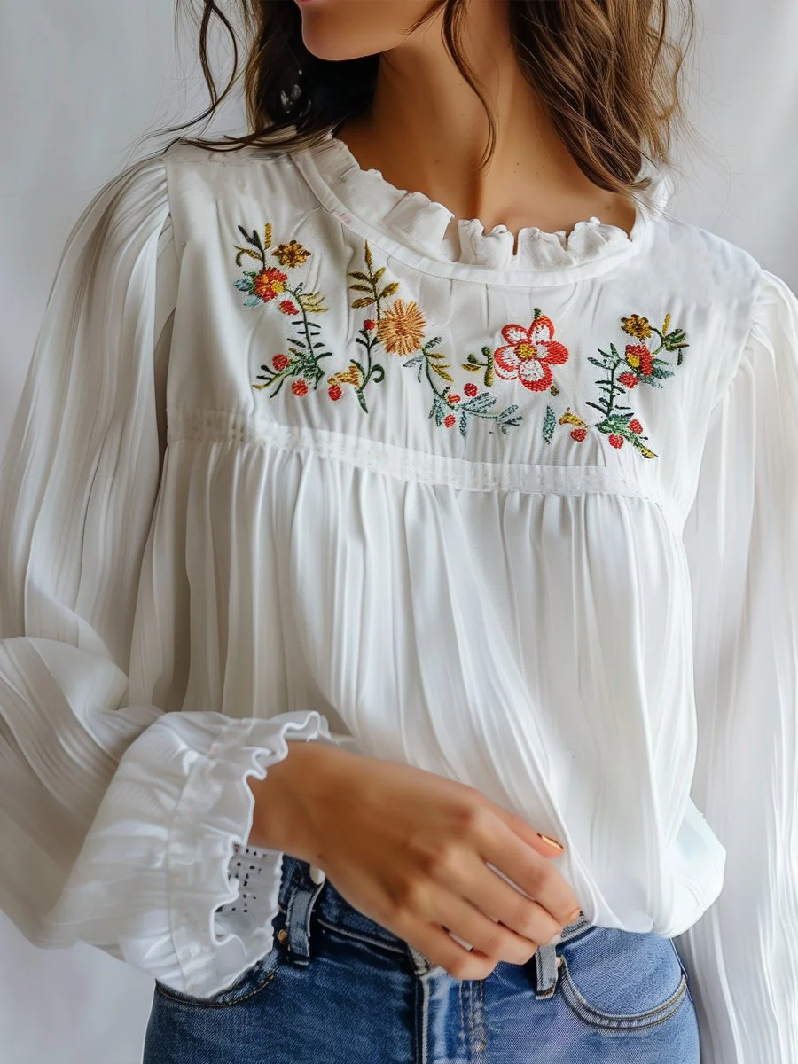 (clearance)Lace Collar White Embroidered Blouse