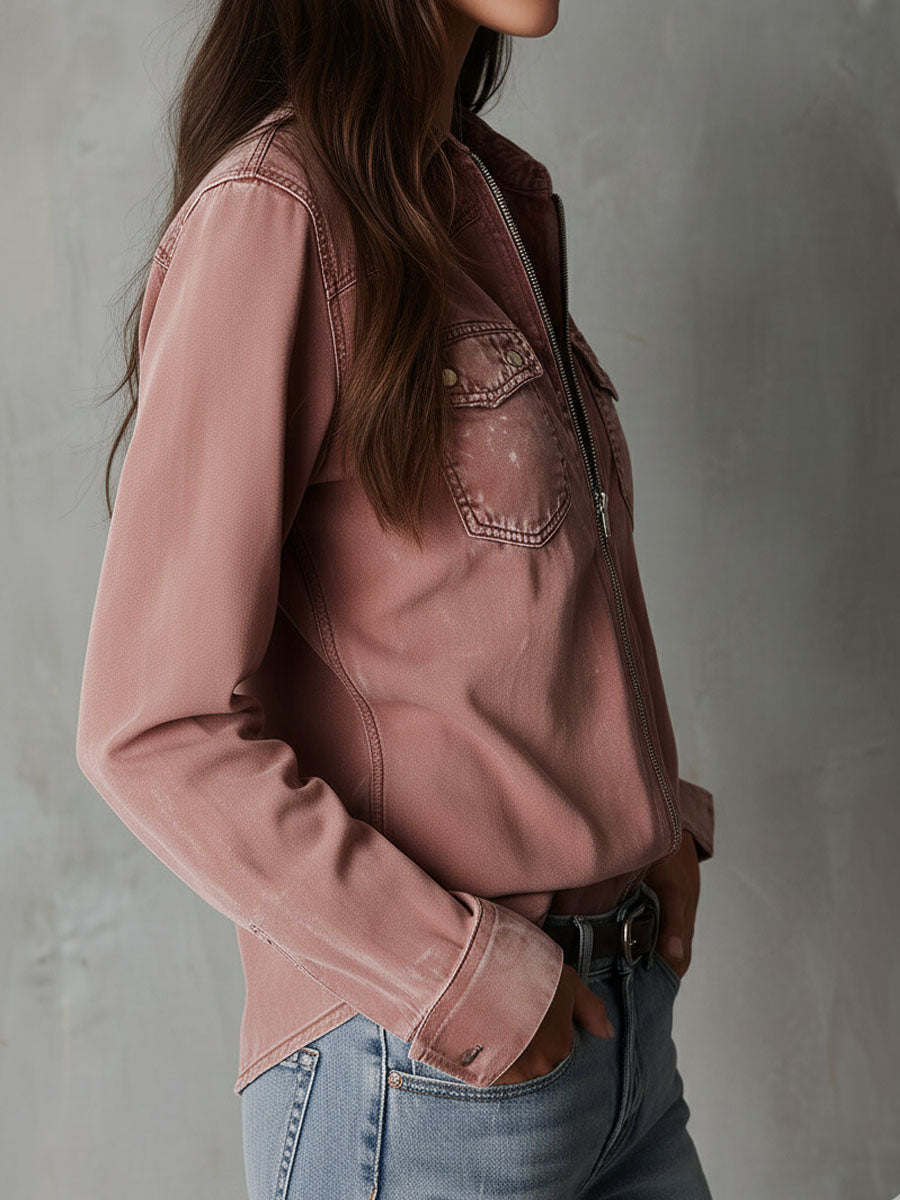 Western Soft Faded Dusty Rose Washed Denim Zip Shirt