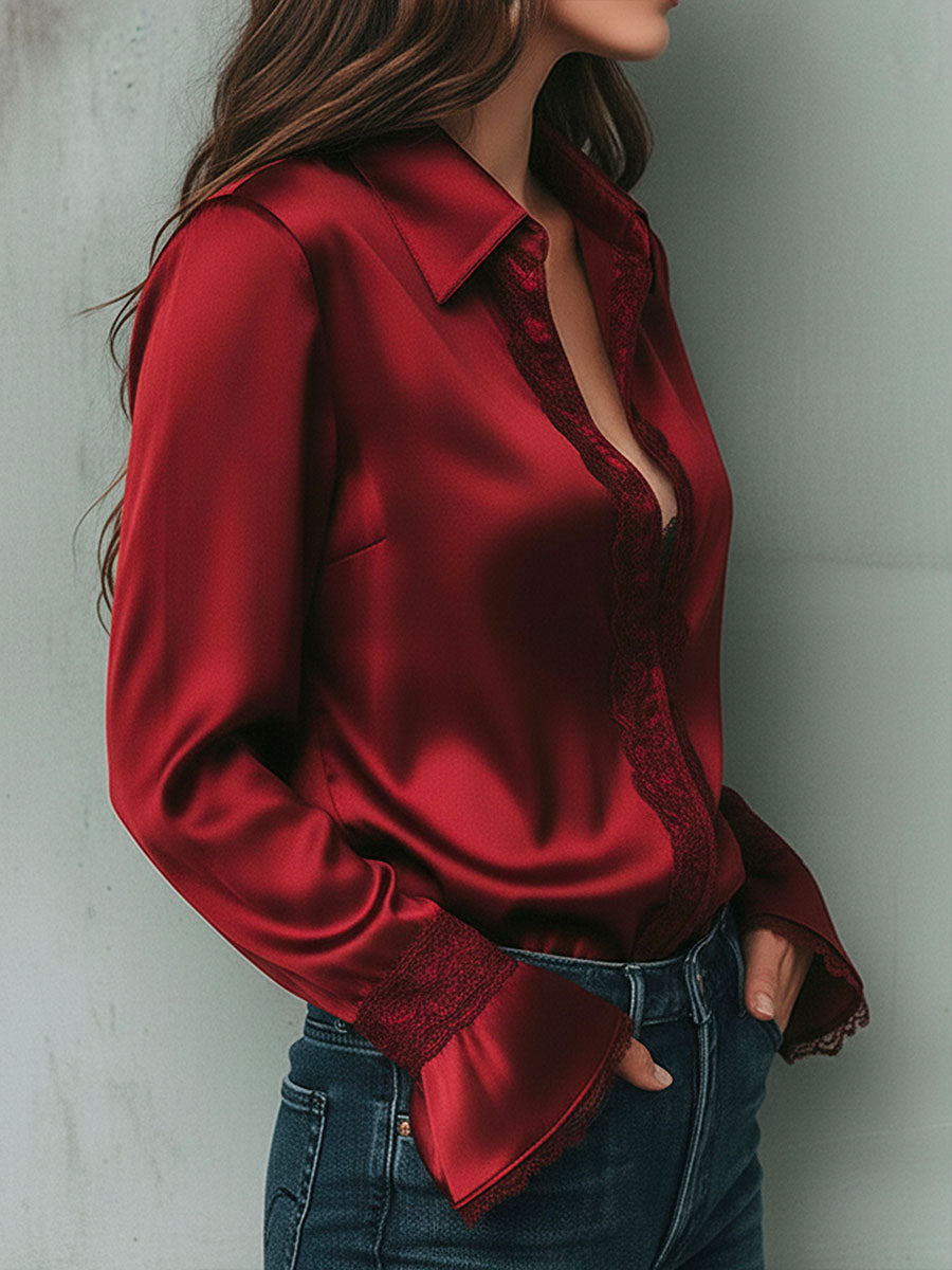 Elegant Burgundy Lace Trim Satin Blouse With Flared Cuffs