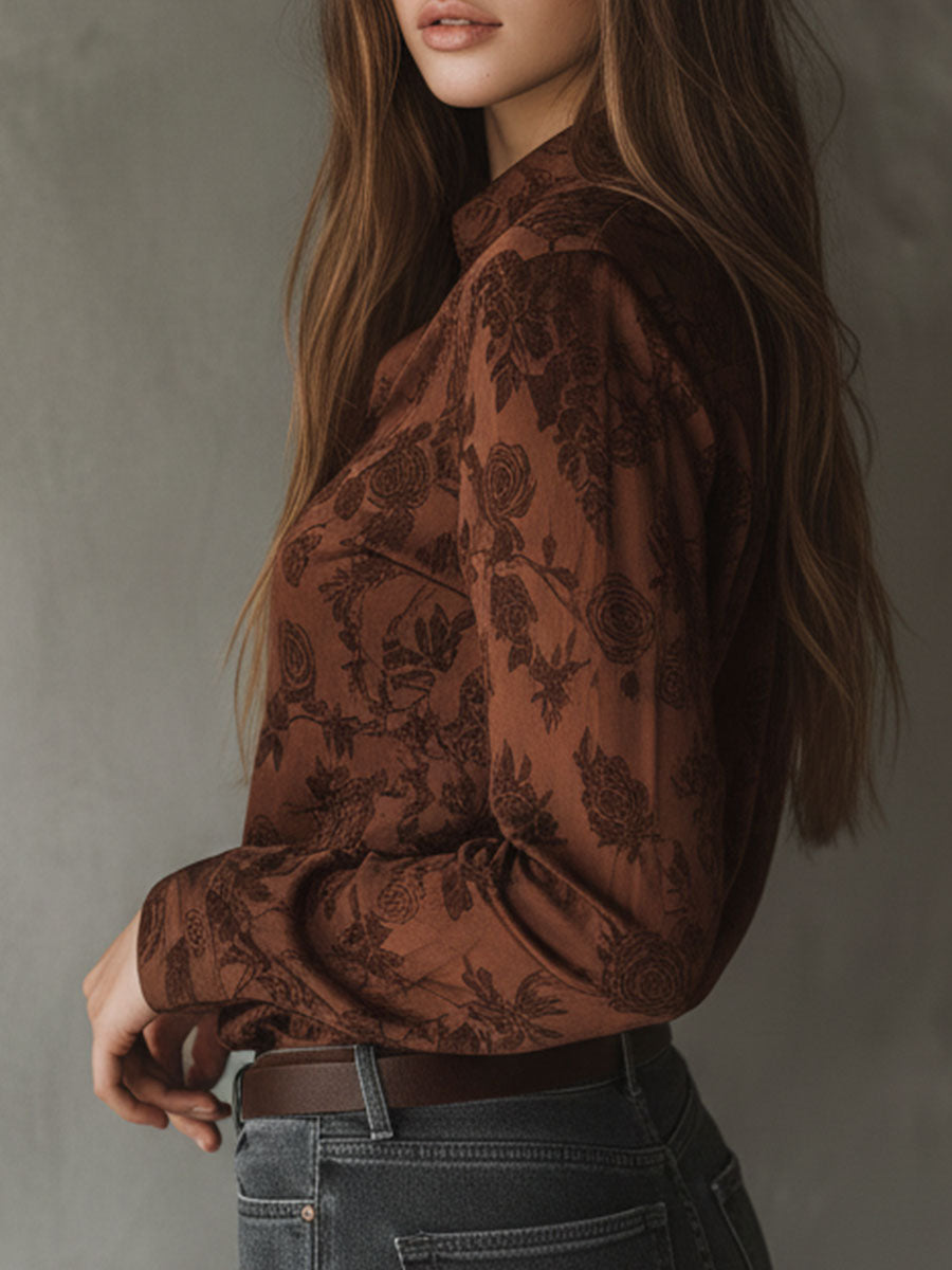 Vintage Rose Pattern Brown Button-Down Shirt