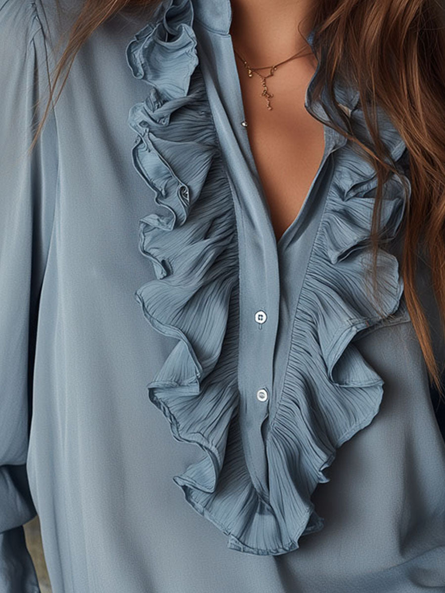 Dusty Blue Ruffle Front V-Neck Button Chiffon Blouse