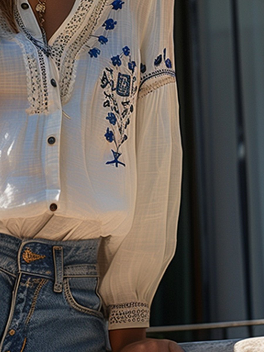 (clearance)V-neck Cotton and Linen Embroidery Stitching Hollow Top