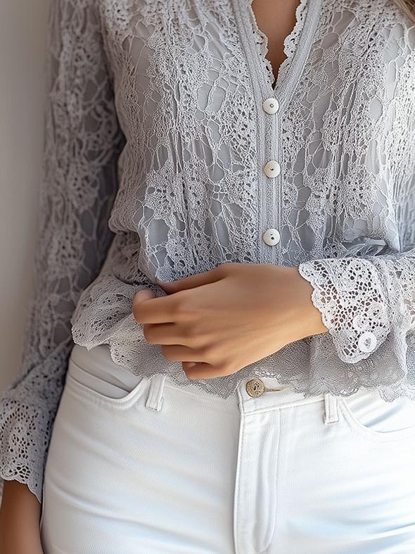 (sale)Stylish V-neck Button Down Long Sleeve Lace Shirt