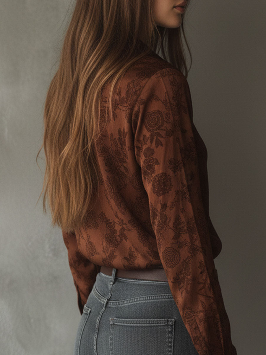 Vintage Rose Pattern Brown Button-Down Shirt