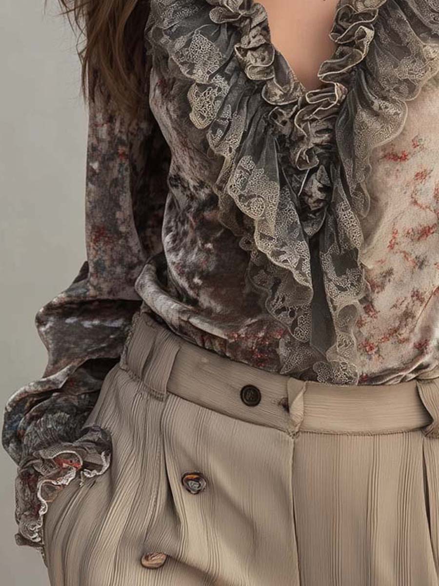 Velvet Floral Print Ruffled Blouse