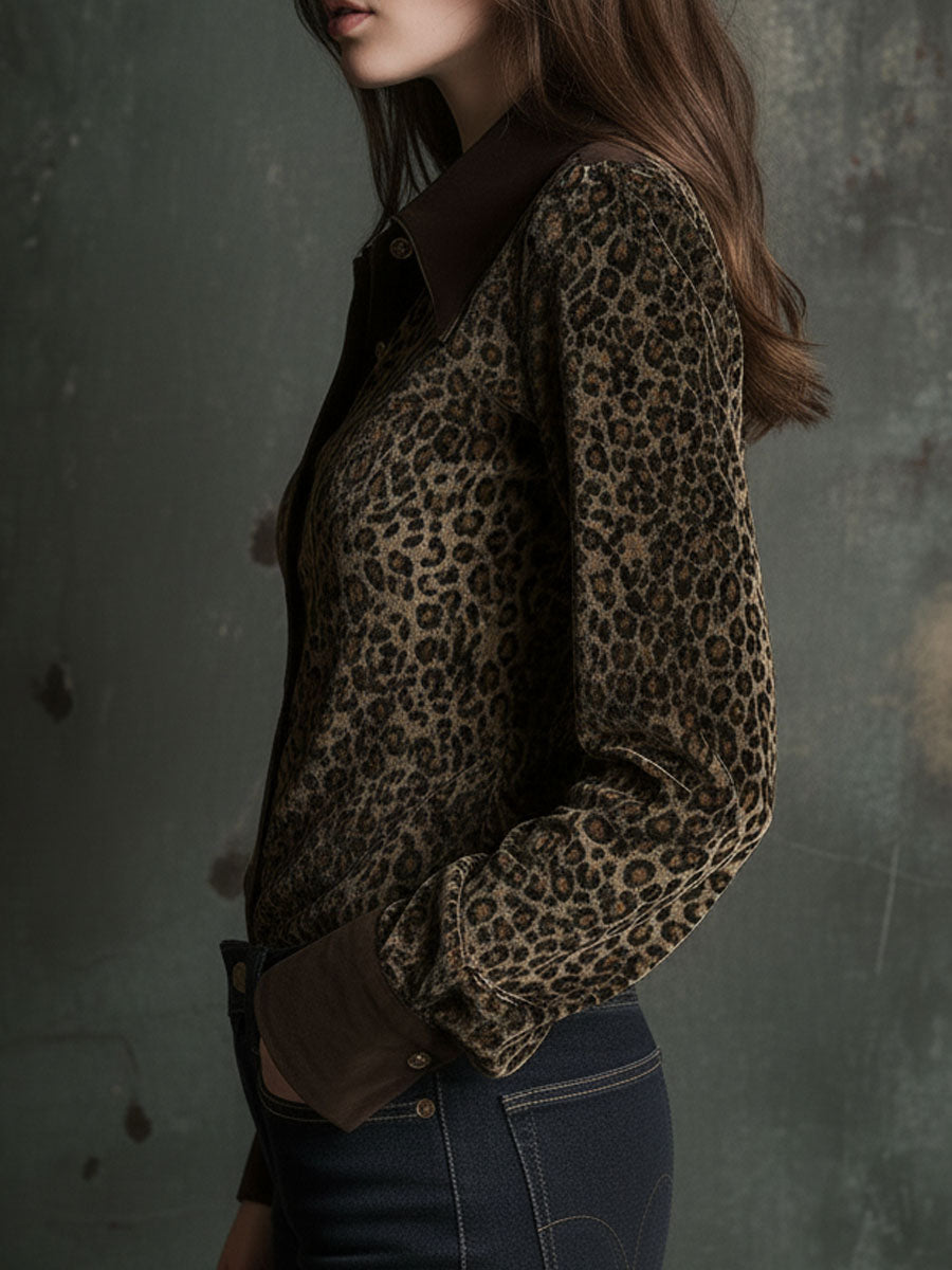 Retro Contrast Collar And Cuffs Velvet Leopard Print Blouse
