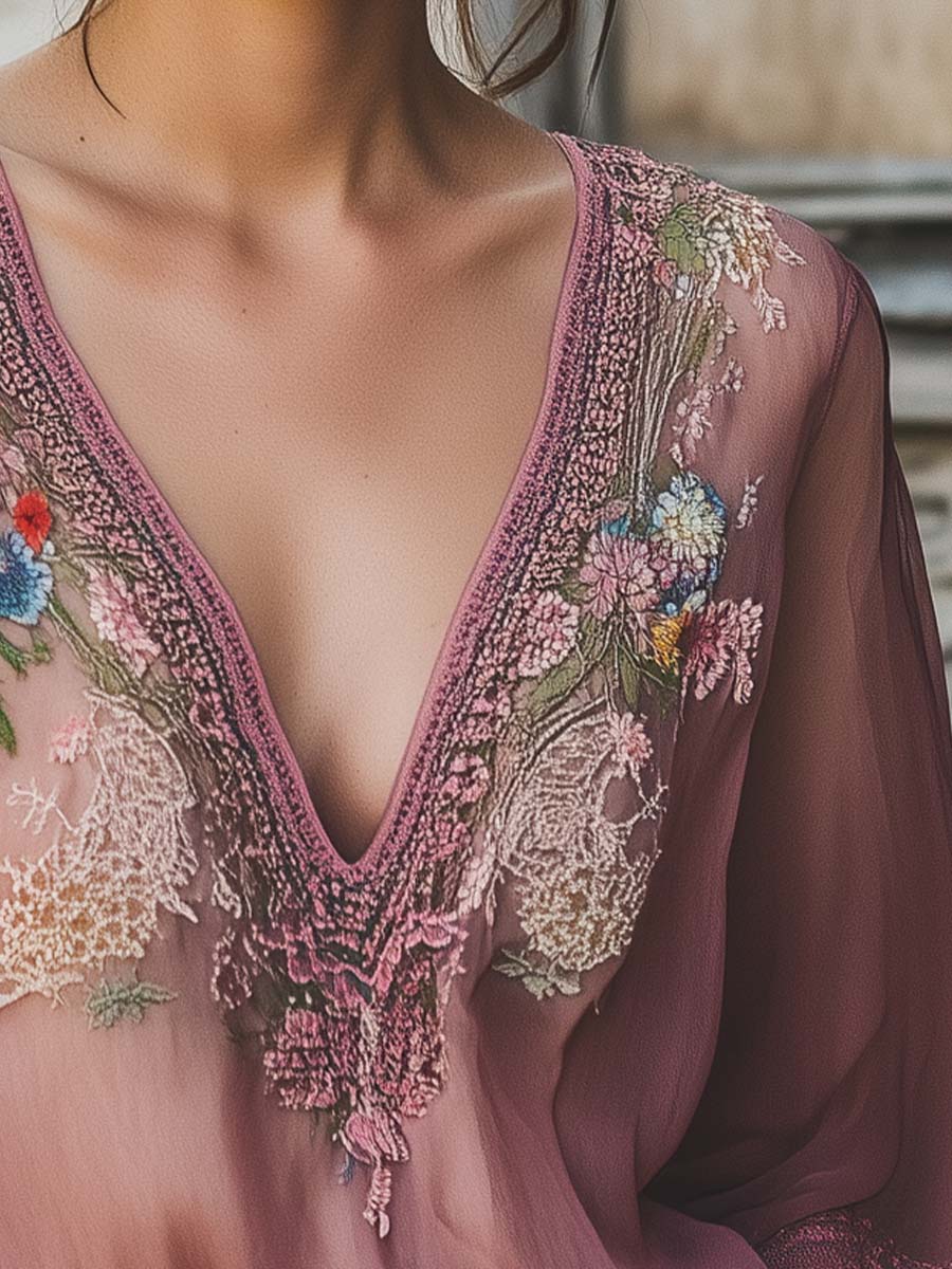 (sale)Elegant Gray Purple Floral Embroidery Half Sleeve Chiffon Shirt