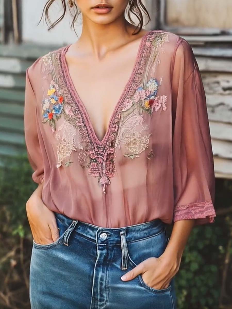 (sale)Elegant Gray Purple Floral Embroidery Half Sleeve Chiffon Shirt