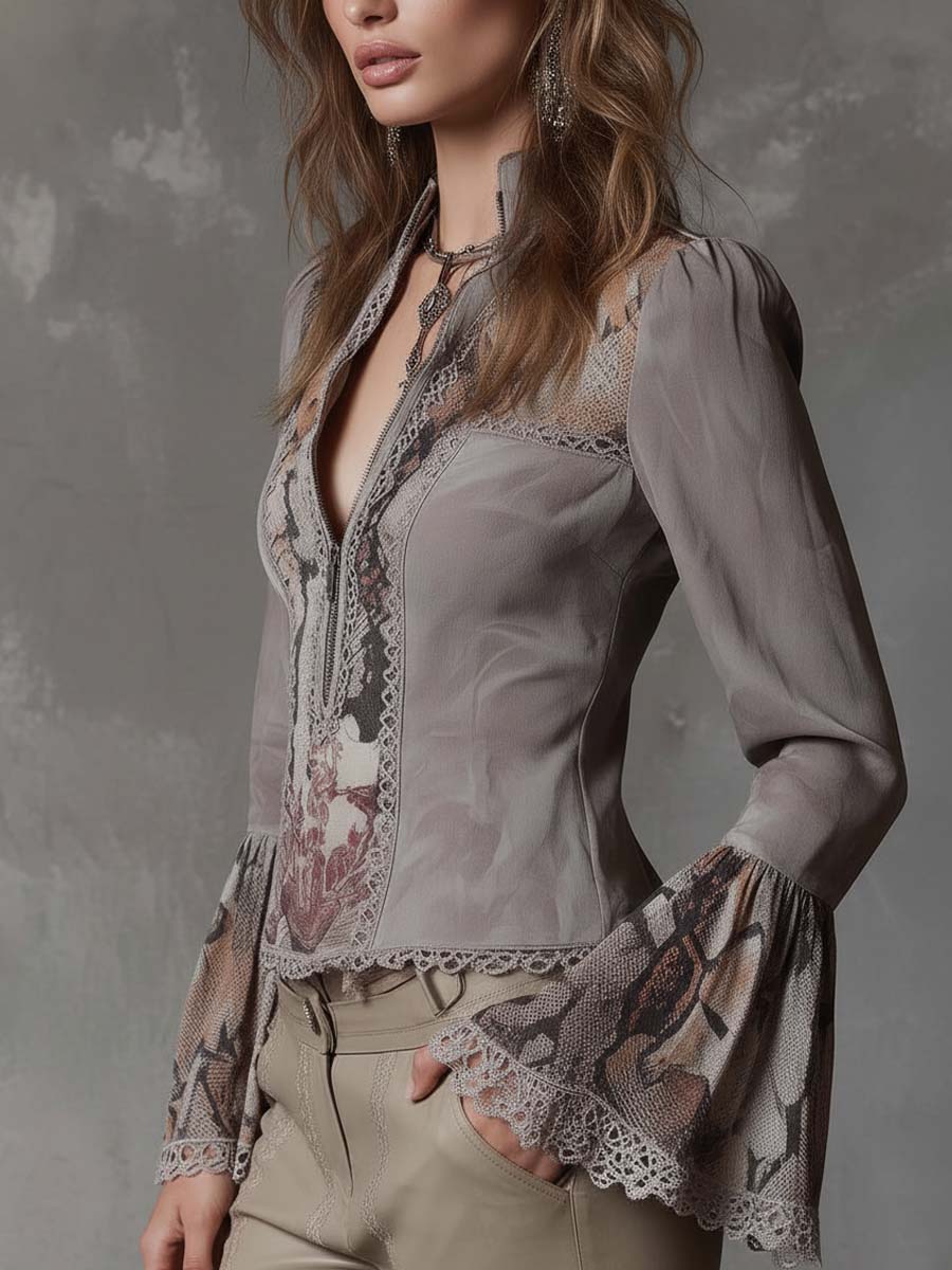 Vintage Patchwork Eco-Suede Blouse With Lace And Floral Prints