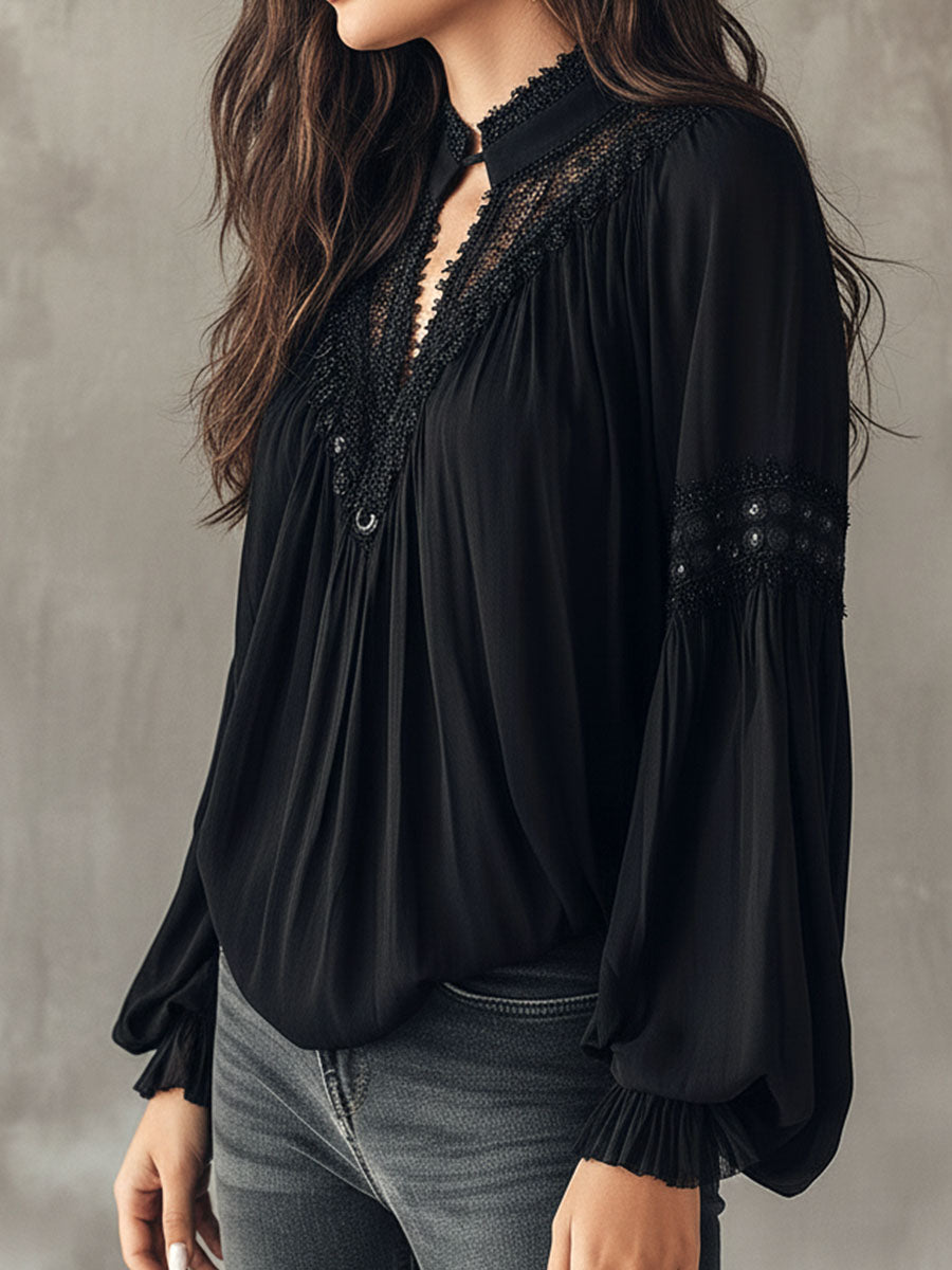 Black Lace Blouse – Vintage Boho Long-Sleeve Top With V-Neck And Puff Sleeves
