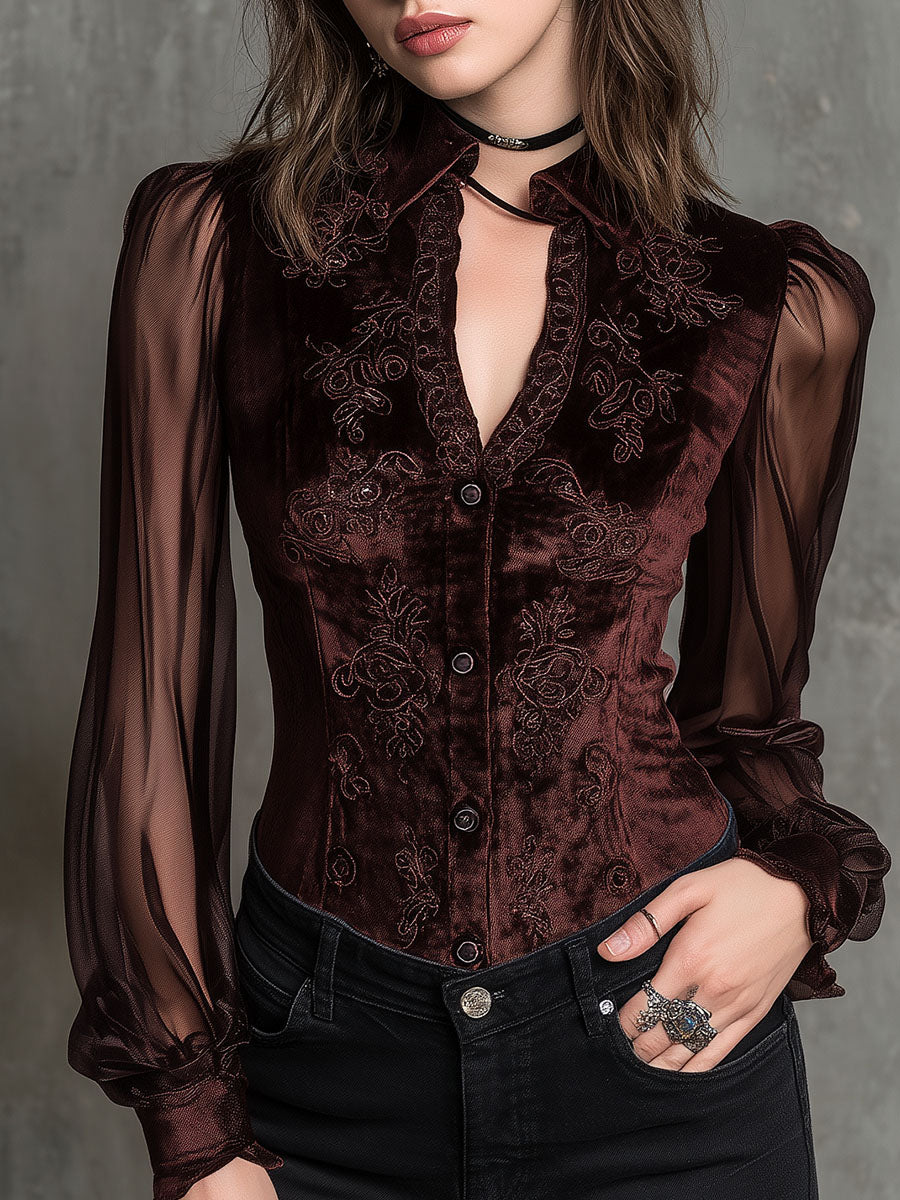 Vintage Velvet Embroidered Blouse With Sheer Sleeves