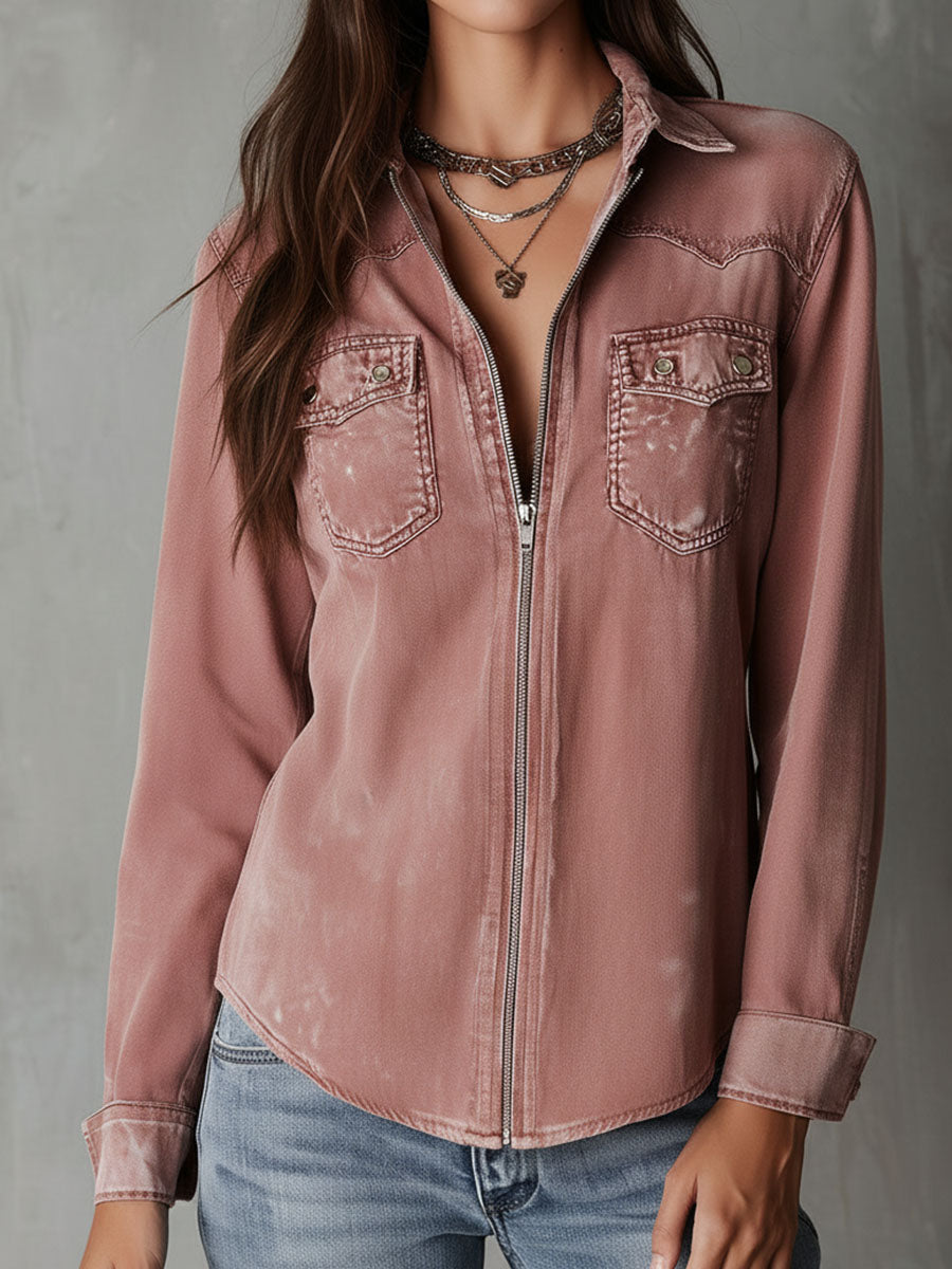 Western Soft Faded Dusty Rose Washed Denim Zip Shirt
