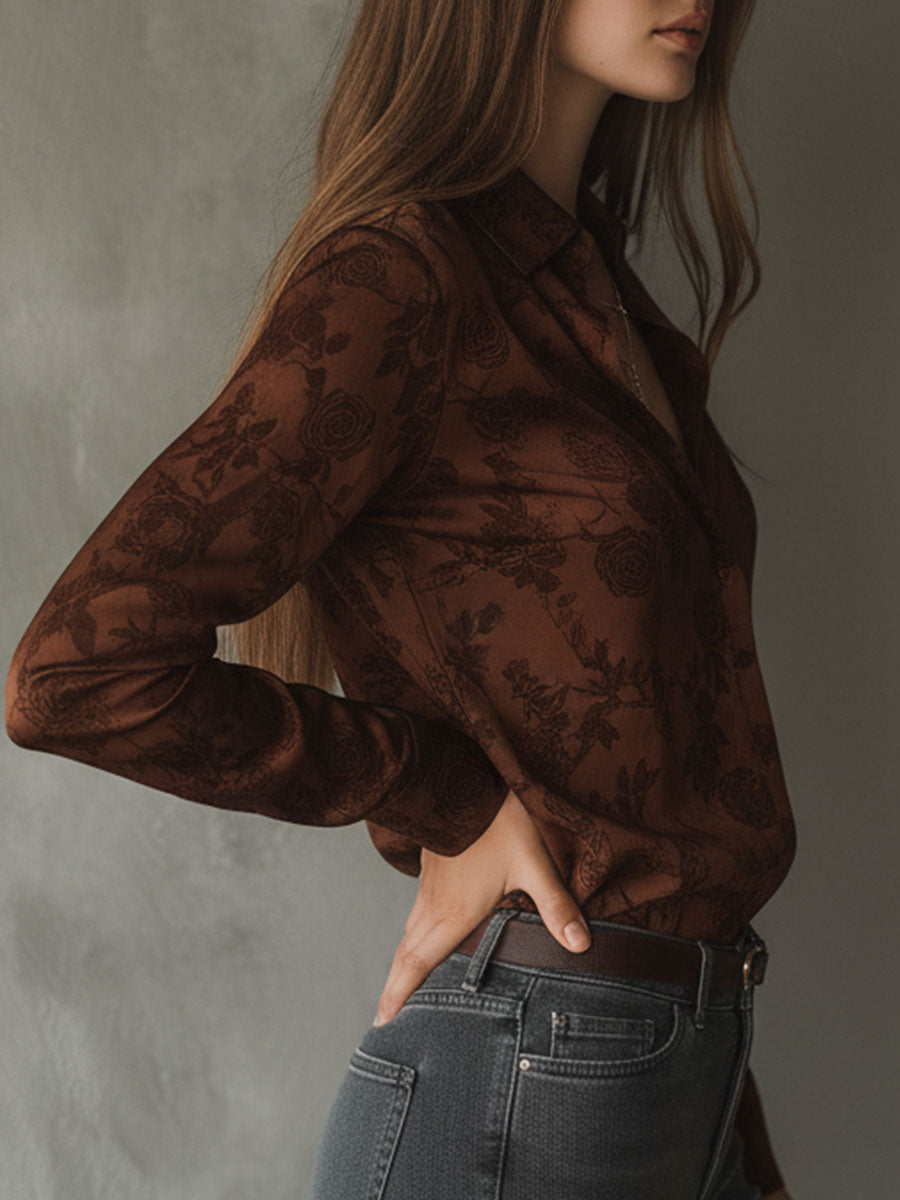 Vintage Rose Pattern Brown Button-Down Shirt
