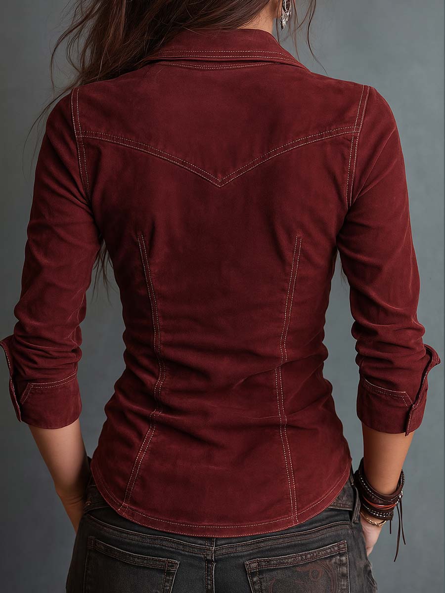 Vintage Zip-up Collar Flap Pocket Distressed Denim Shirt