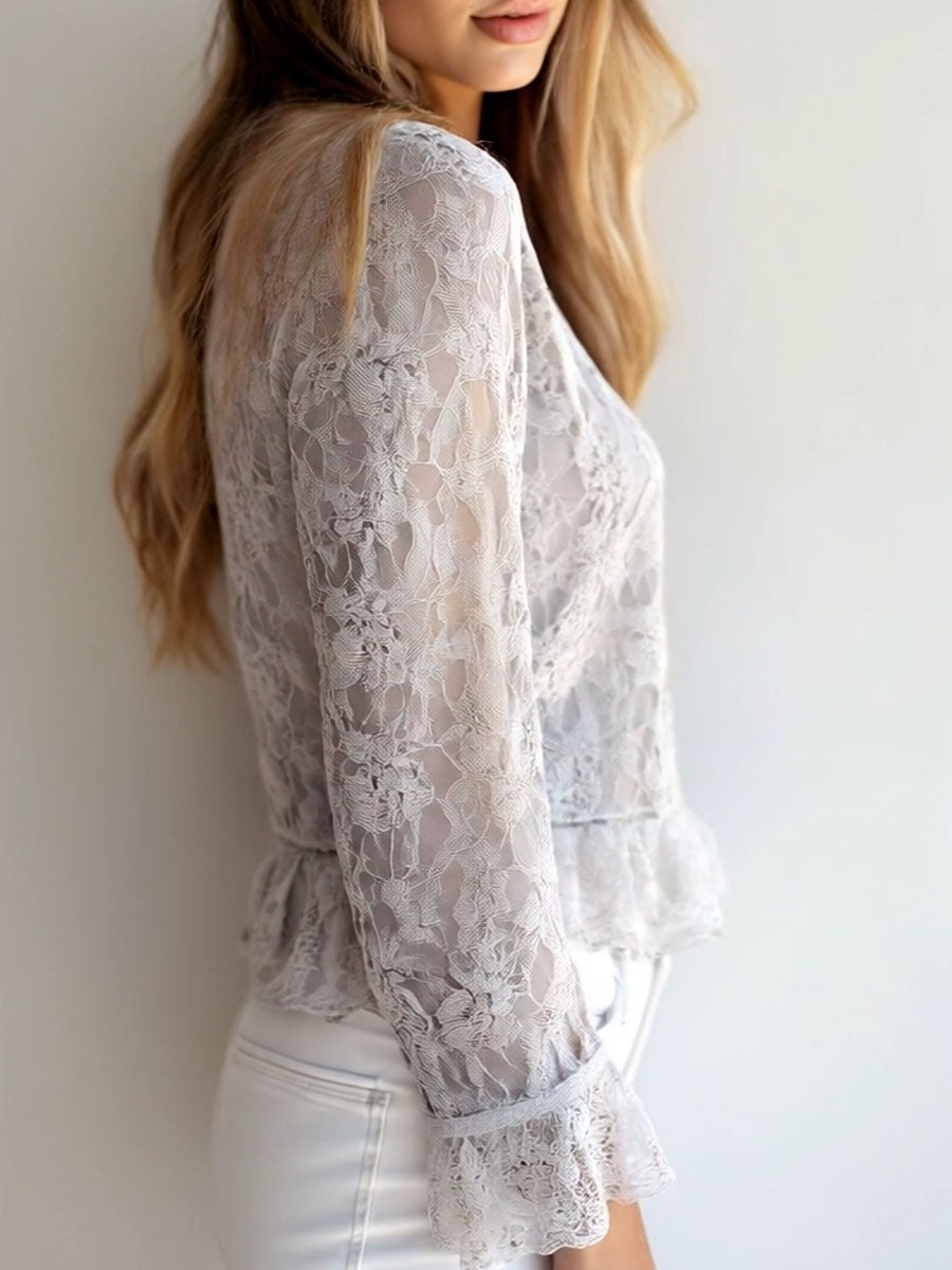 (sale)Stylish V-neck Button Down Long Sleeve Lace Shirt