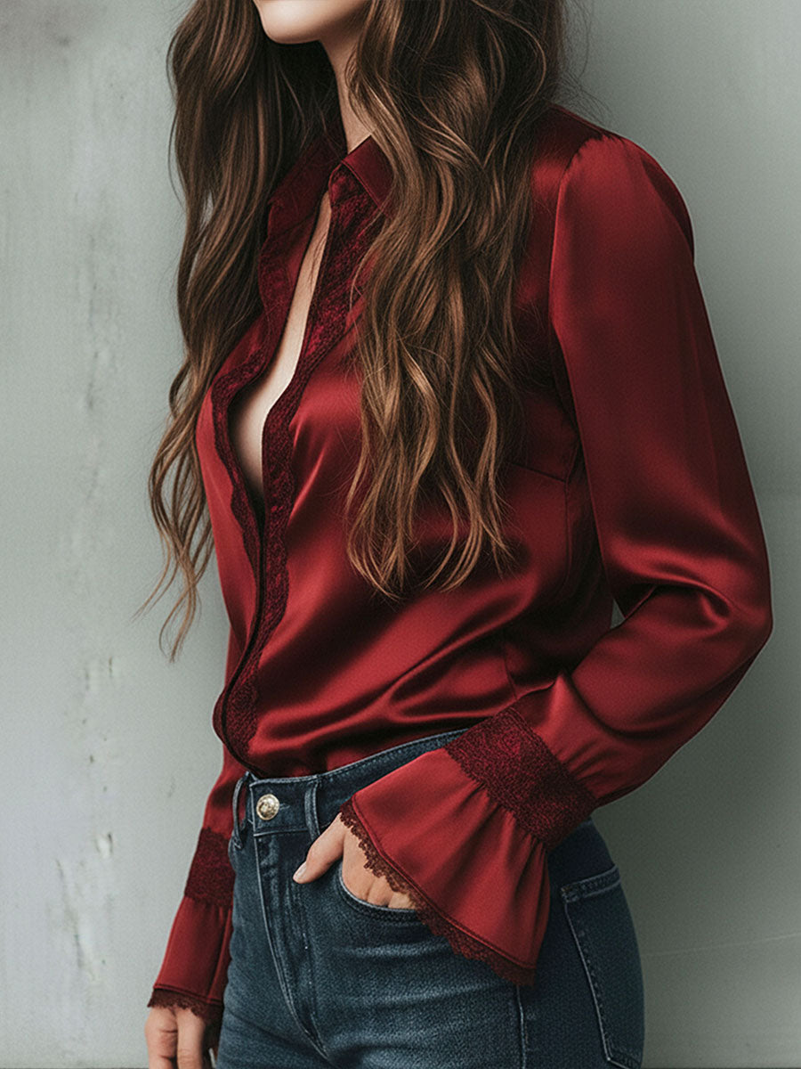 Elegant Burgundy Lace Trim Satin Blouse With Flared Cuffs