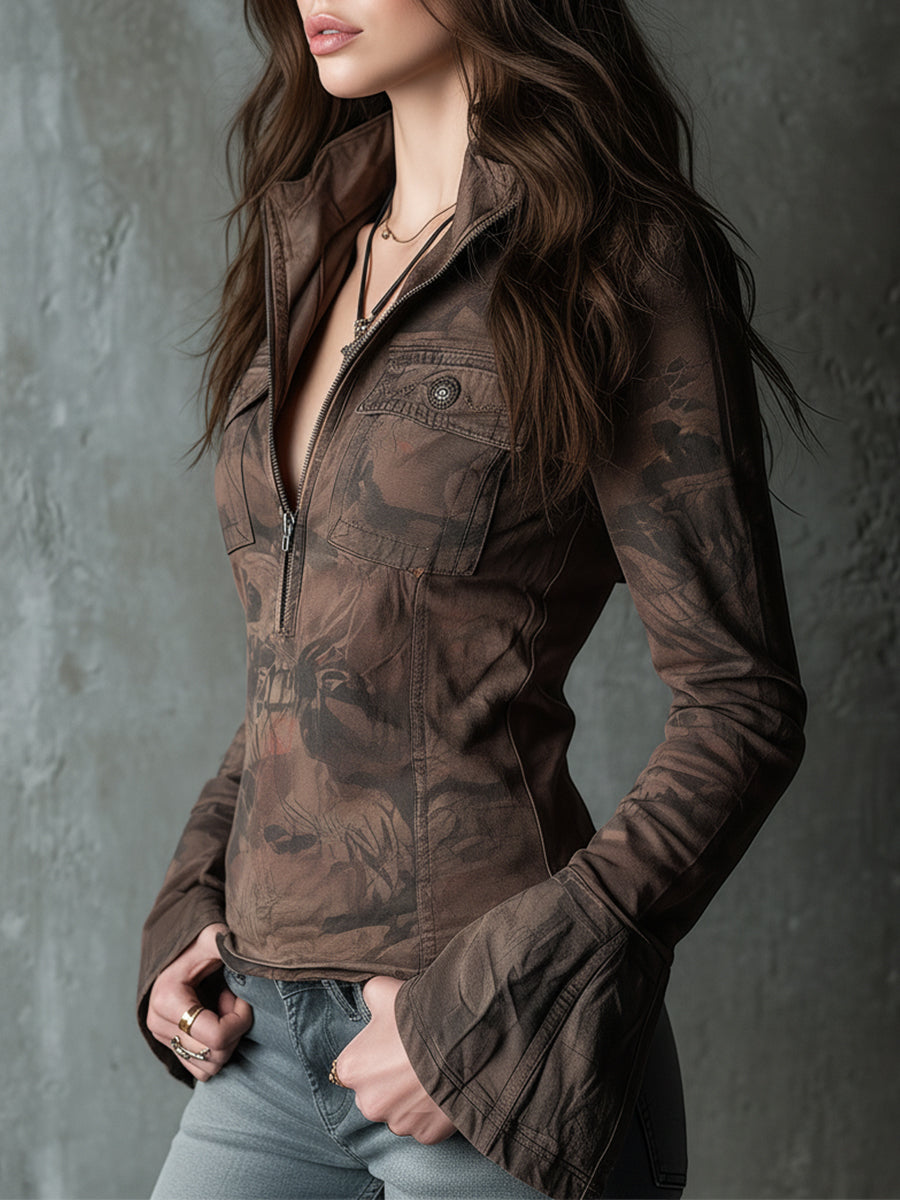 Boho Vintage Printed Cotton Blend Bell Sleeves Blouse