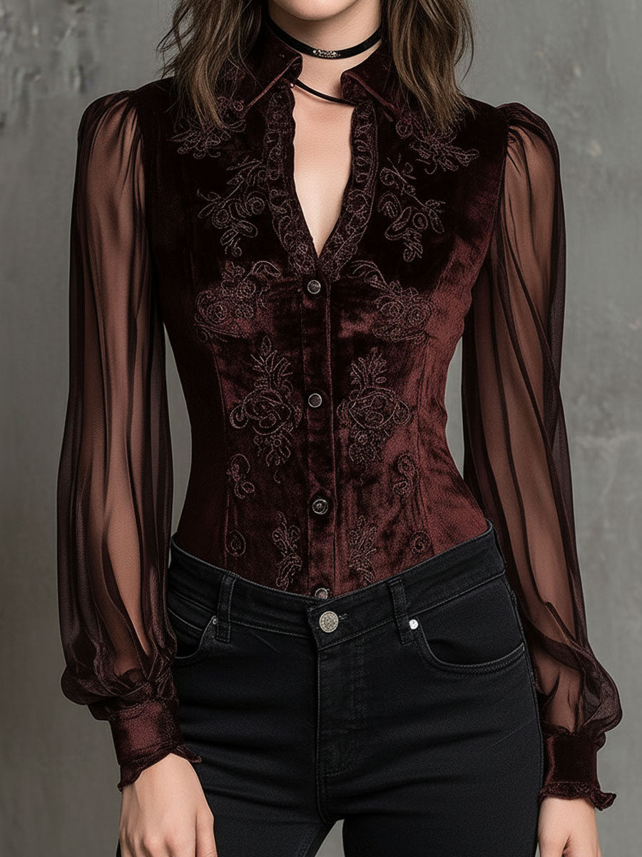 Vintage Velvet Embroidered Blouse With Sheer Sleeves