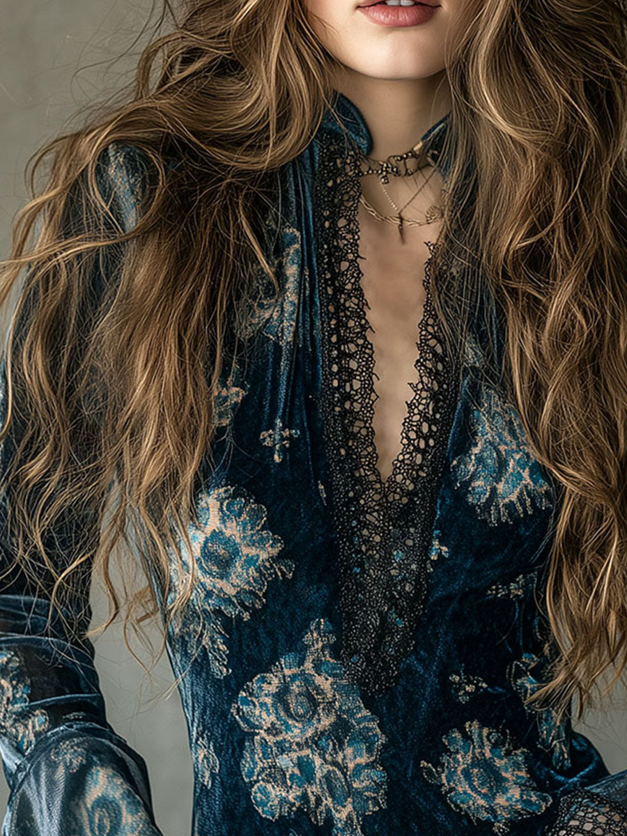 Retro Blue Floral  Velvet Lace Blouse With Bell Sleeves