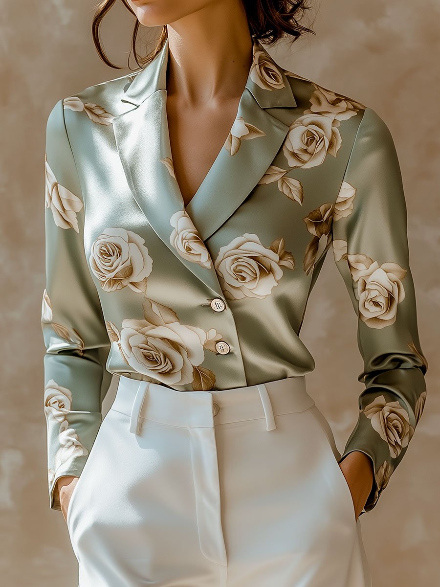 (sale)Elegant Lapel Rose Pattern Side Button Down Satin Shirt