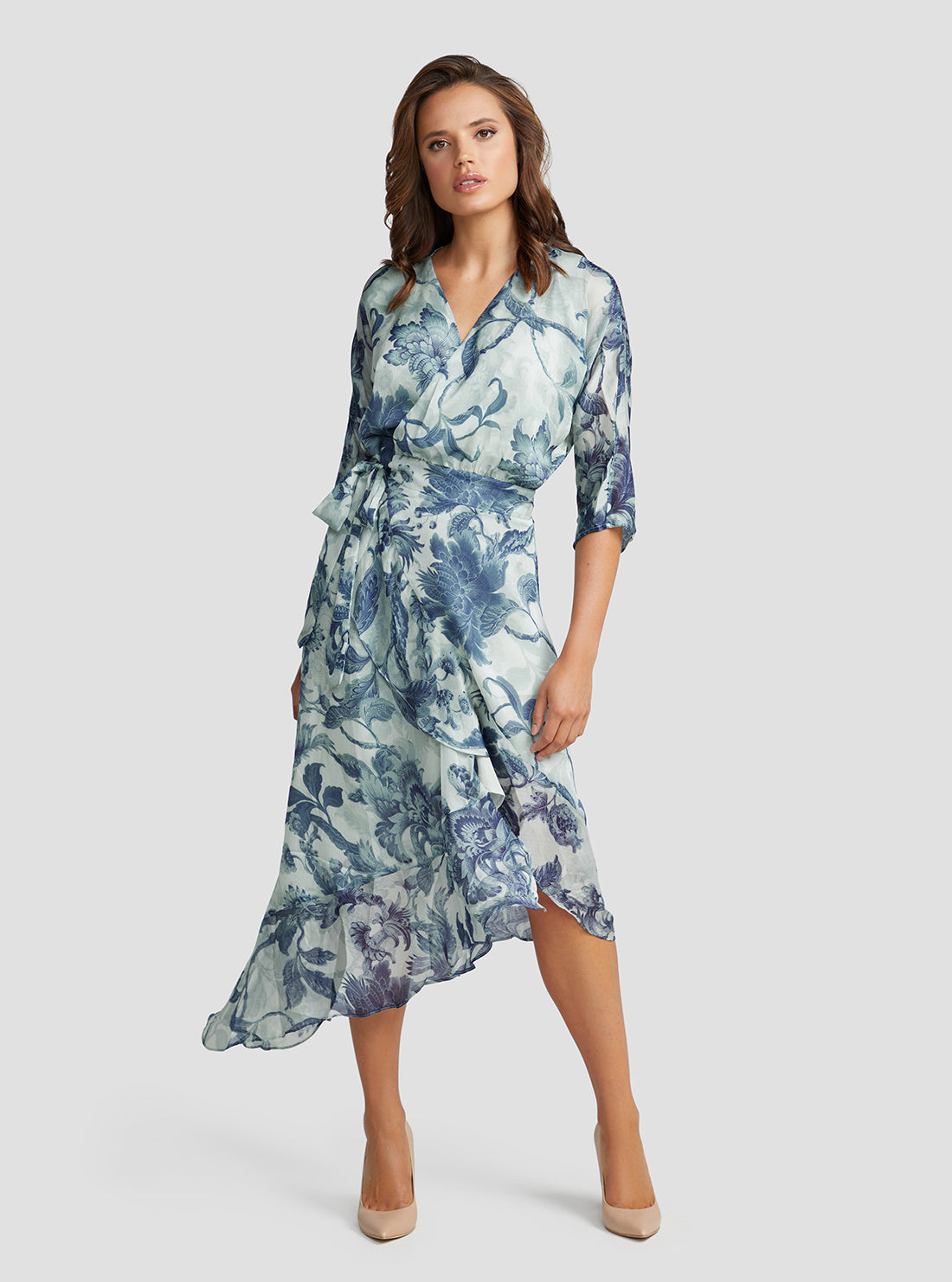 Eco Porcelain Floral Print Ensley Wrap Midi Dress