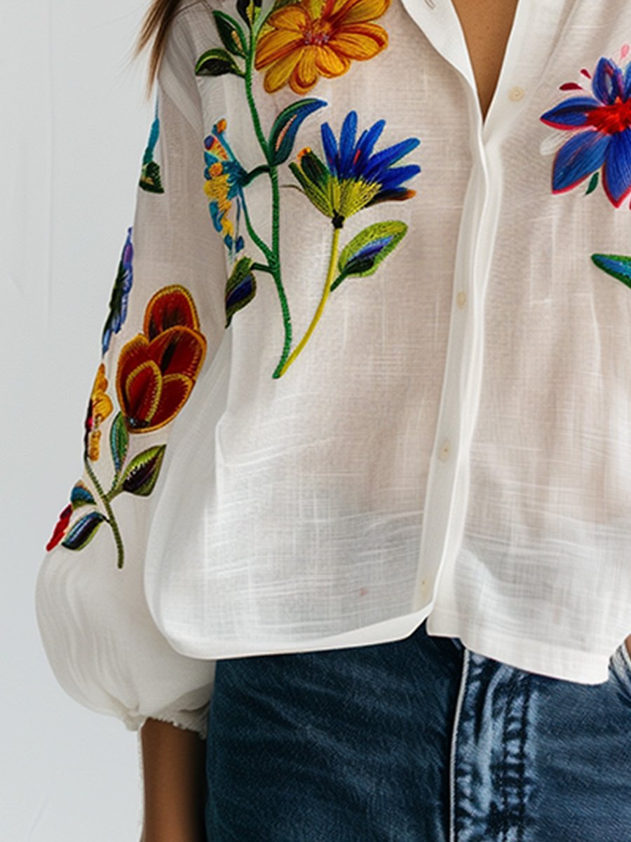 (sale)White Embroidered Cotton and Linen Long Sleeve Blouse