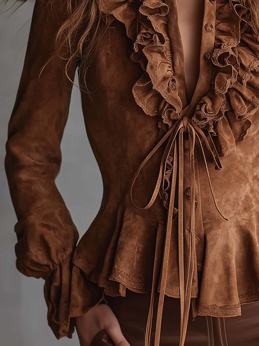 Vintage Caramel Eco-Suede Ruffle Blouse With Lace Trim