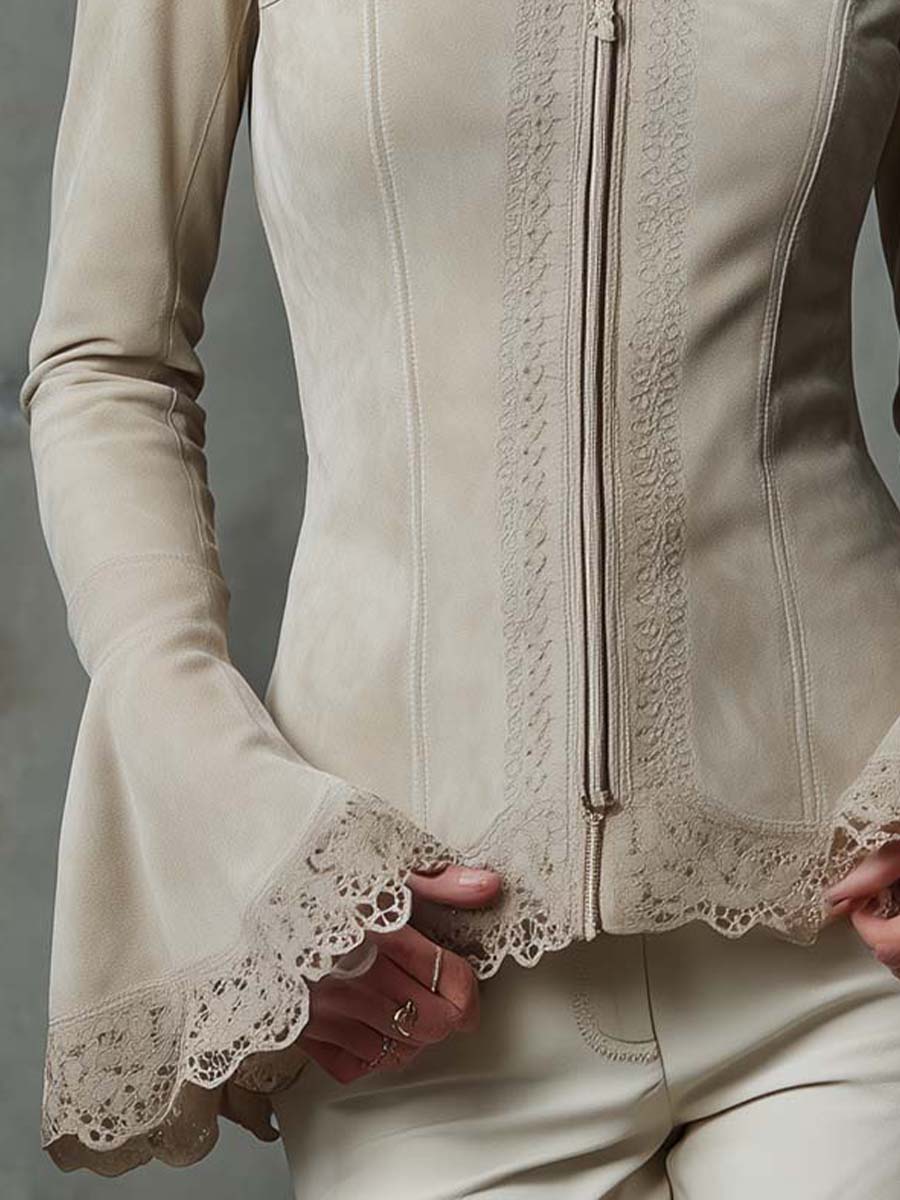 Lace-Trimmed Eco-Suede Fitted Jacket In Ivory Beige