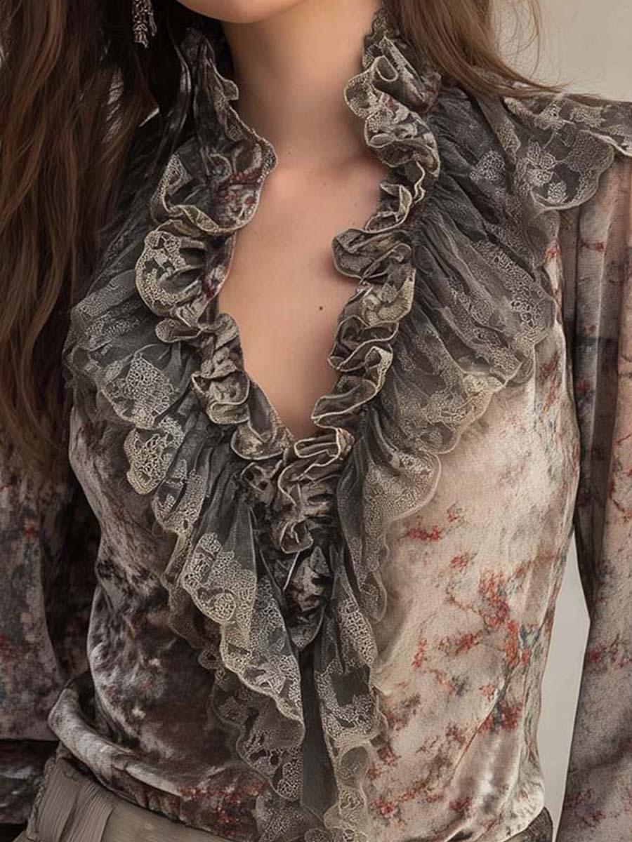Velvet Floral Print Ruffled Blouse