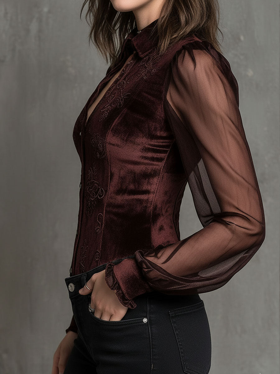 Vintage Velvet Embroidered Blouse With Sheer Sleeves