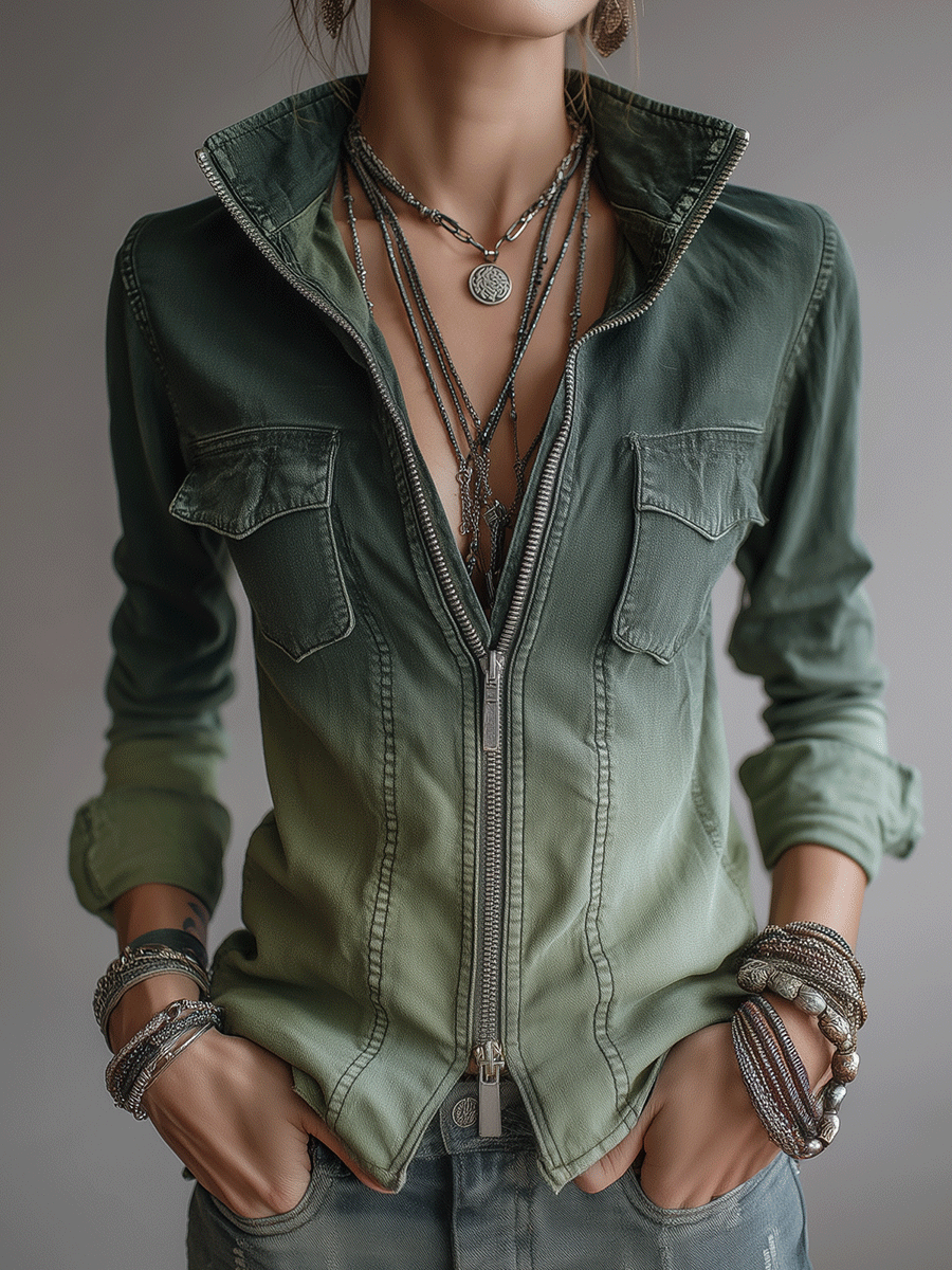 Casual Green Gradient Workwear Pocket Denim Zip-Up Blouse