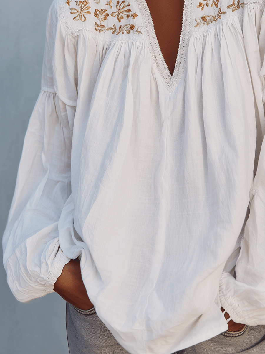 Boho White Embroidered Cotton Long Sleeve Blouse